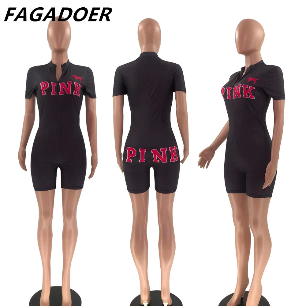 Casual Fashion  PINK Letter Print Skinny Playsuit Short Sleeve Solid Zipper Rompers Female Elastic Slim Bodysuits Summer Outfits