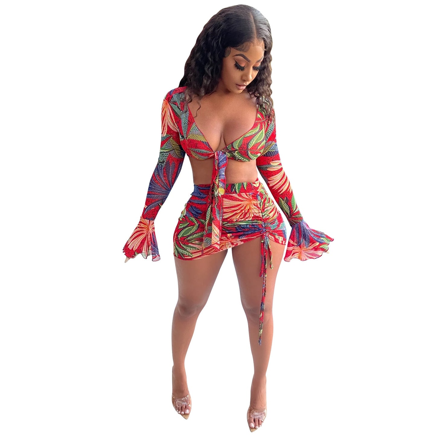 ANJAMANOR Tropical Floral Print Sheer Mesh Matching Skirt Set Sexy Beach Outfits Club Wear Two Piece Set Women 2021 D42-CG17