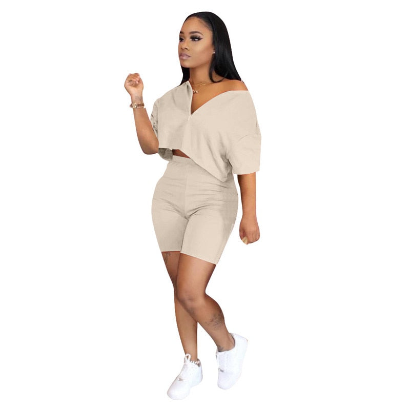 Plus Size Two Piece Set Women Clothes 2020 Casual Tracksuit Crop Top Biker Shorts Set Lounge Wear Matching Sets 2 Piece Outfits