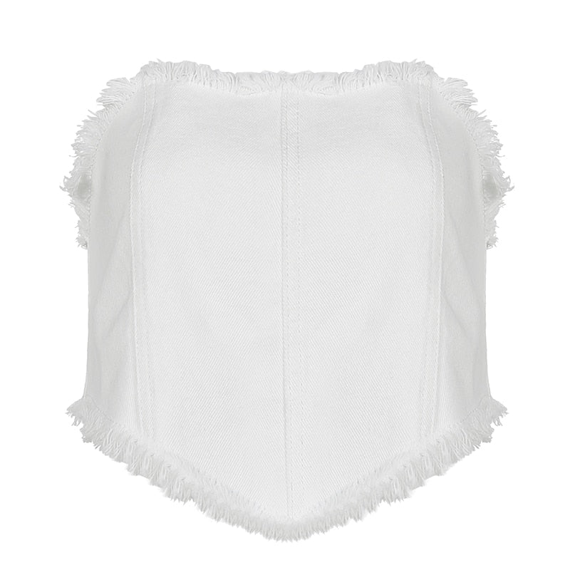 Streetwear Fashion Denim Corset Harajuku Sexy Cute Solid White Cropped Tank Tops Retro Backless Y2K Grunge Vests Cuteandpsycho