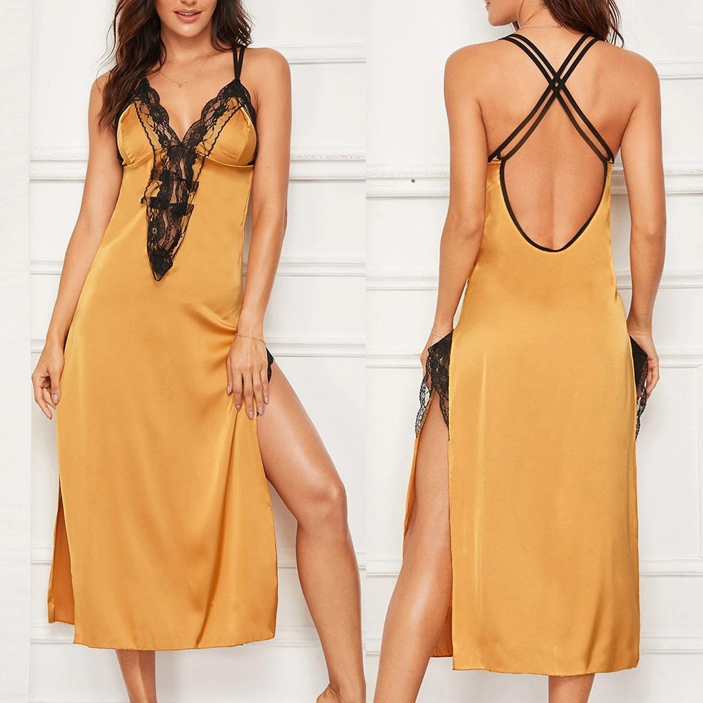 Sexy Long Nightdress Women's Nightgown Satin Lace High Split Erotic Sleep Dress Sexy Backless Sleepwear Nightie Summer Home Wear