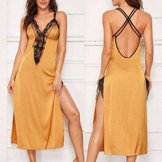 Sexy Long Nightdress Women's Nightgown Satin Lace High Split Erotic Sleep Dress Sexy Backless Sleepwear Nightie Summer Home Wear