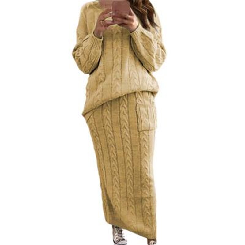 Fashion Streetwear Ribbed Knitted 2 Piece Outfits Full Sleeve Sweater Matching Set Plus Size Skirt Elegant Casual Fall Clothing