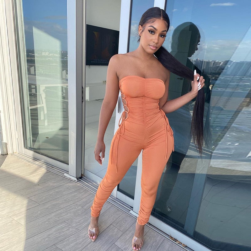 Sexy Off Shoulder Women Jumpsuit Pleated Fitness Streetwear Sleeveless Party Night Long Romper Women Jumpsuit Outfit