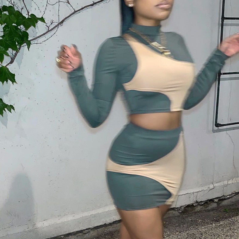 ANJAMANOR Sexy Colorblock Two Piece Set Long Sleeve Crop Top and Mini Skirt Suits for Women 2021 Clubwear Bodycon Dress D85-CF24