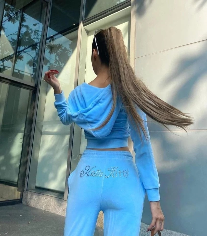 Hello Kitty Women Velvet Sweater Set Zipper Sweatpants Two piece Hoodie Women Zipper Rhinestone Print Velvet Set 2022 Spring