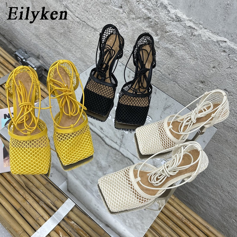 Eilyken 2022 New Sexy Yellow Mesh Pumps Sandals Female Square Toe High Heel Lace Up Cross-Tied Stiletto Hollow Dress Shoes