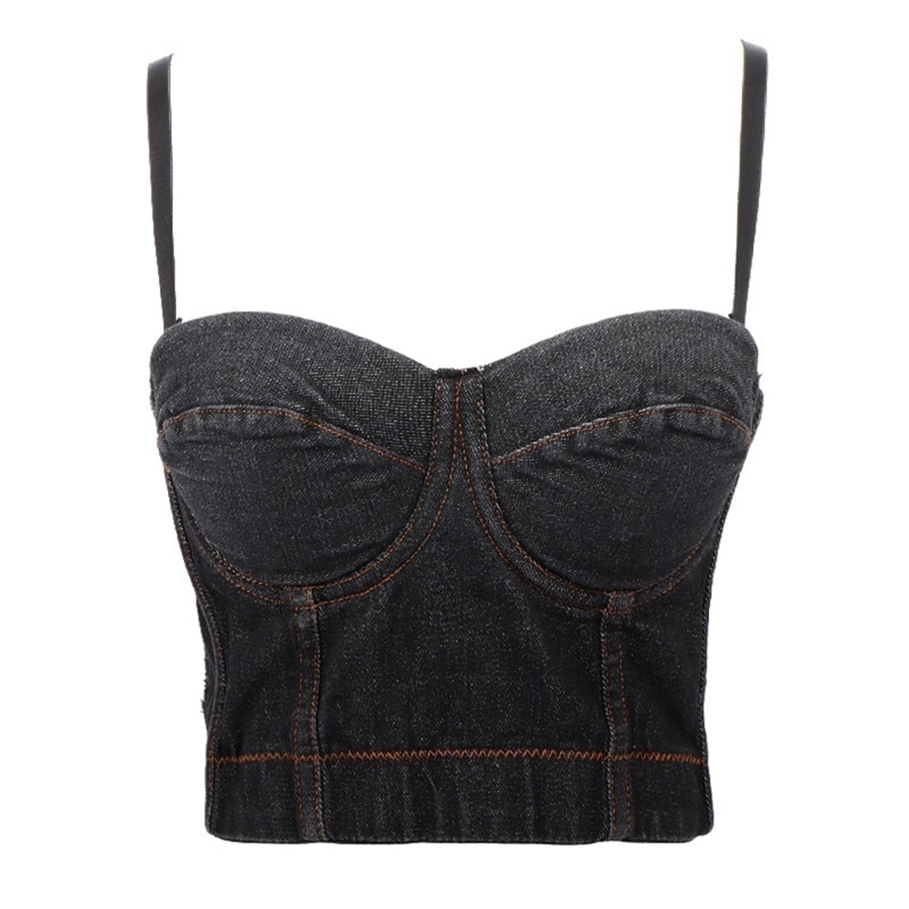 SXTHAENOO Fashion Sexy Denim Jeans Women's Button Bustier Bra Night Club Party Cropped Top Vest Plus Size