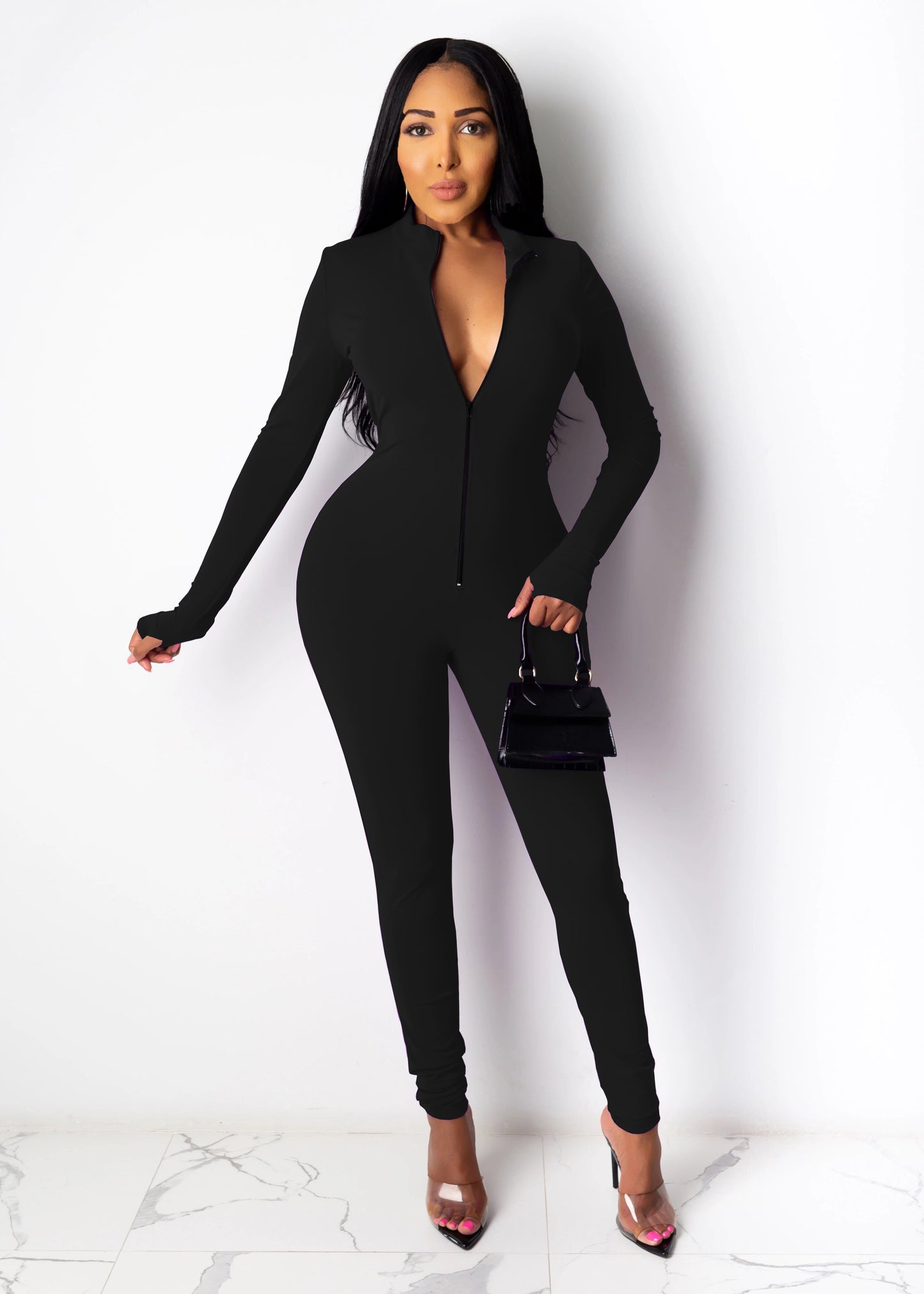 2020 New Style Women Solid Color One Piece Jumpsuit Ladies Zipper Front Long Sleeve Fitness Rompers Playsuits