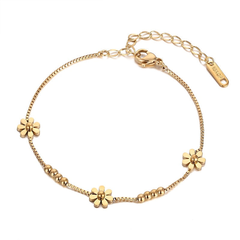 High Quality Box Chain Chrysanthemum And Beads Woman Anklet Top Quality Stainless Steel Gold And Rose Gold Color Anklet Gift