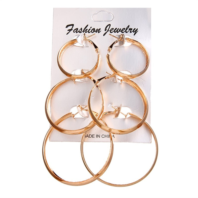 FNIO Statement Gold/Sliver Big Bamboo Circle Hoop Earrings For Women Hip Hop Earrings set Classic Jewelry 3pcs/set