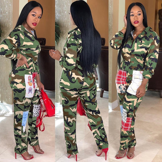 Military Cargo Jumpsuit Camouflage Women Zip Up Romper Long Sleeve Pants Baggy Female Retro Overalls Harajuku Streetwear Winter