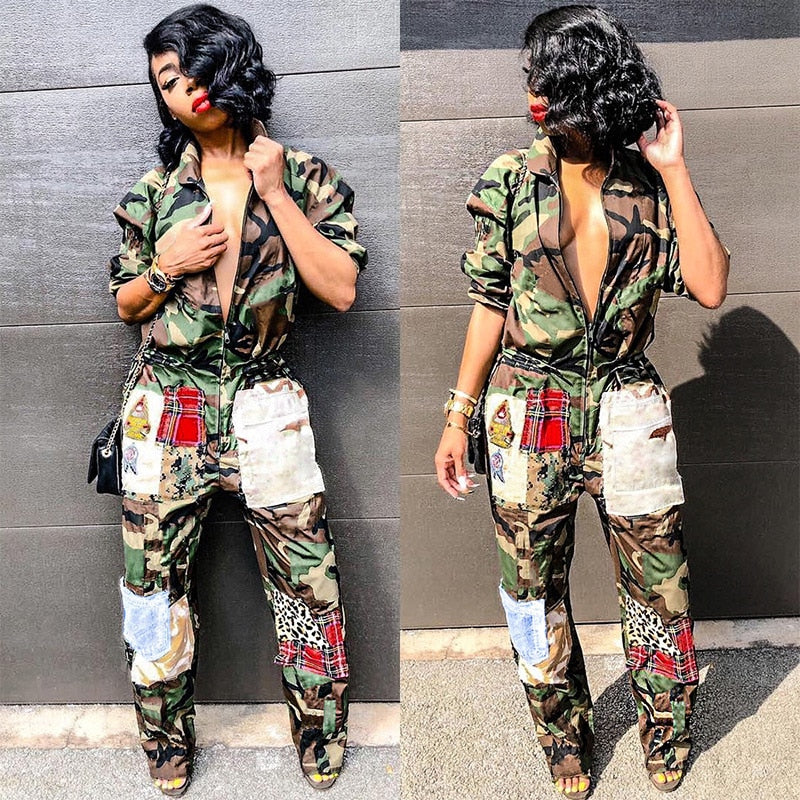 Military Cargo Jumpsuit Camouflage Women Zip Up Romper Long Sleeve Pants Baggy Female Retro Overalls Harajuku Streetwear Winter