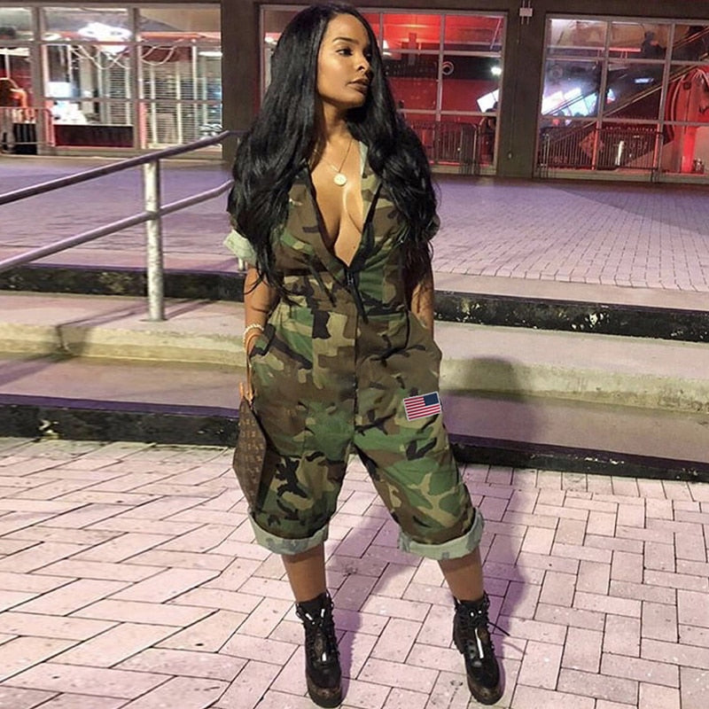 Women Camouflage Jumpsuit Army Military Cargo Shorts Female Playsuit Plus Size Print Rompers Zipper Streetwear Chic Turtleneck