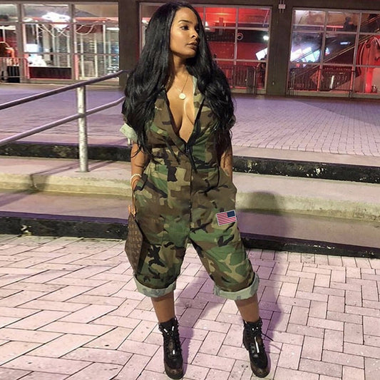 Women Camouflage Jumpsuit Army Military Cargo Shorts Female Playsuit Plus Size Print Rompers Zipper Streetwear Chic Turtleneck