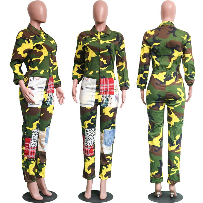 Military Cargo Jumpsuit Camouflage Women Zip Up Romper Long Sleeve Pants Baggy Female Retro Overalls Harajuku Streetwear Winter