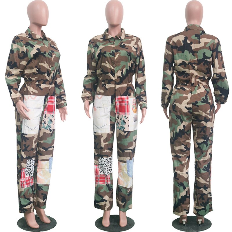 Military Cargo Jumpsuit Camouflage Women Zip Up Romper Long Sleeve Pants Baggy Female Retro Overalls Harajuku Streetwear Winter