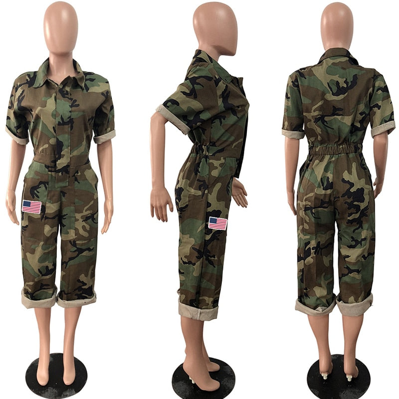 Women Camouflage Jumpsuit Army Military Cargo Shorts Female Playsuit Plus Size Print Rompers Zipper Streetwear Chic Turtleneck