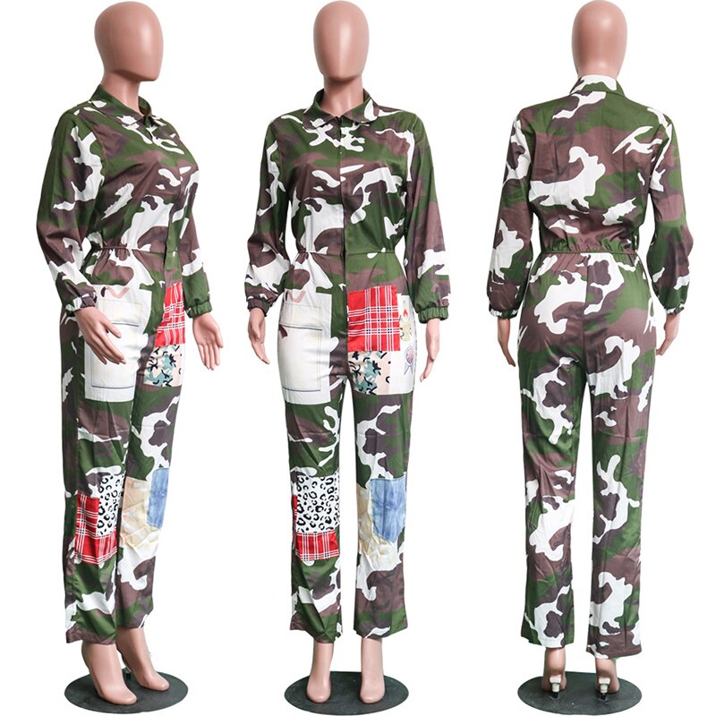 Military Cargo Jumpsuit Camouflage Women Zip Up Romper Long Sleeve Pants Baggy Female Retro Overalls Harajuku Streetwear Winter