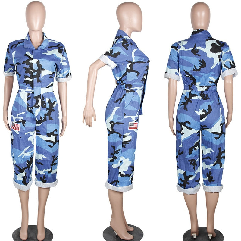 Women Camouflage Jumpsuit Army Military Cargo Shorts Female Playsuit Plus Size Print Rompers Zipper Streetwear Chic Turtleneck