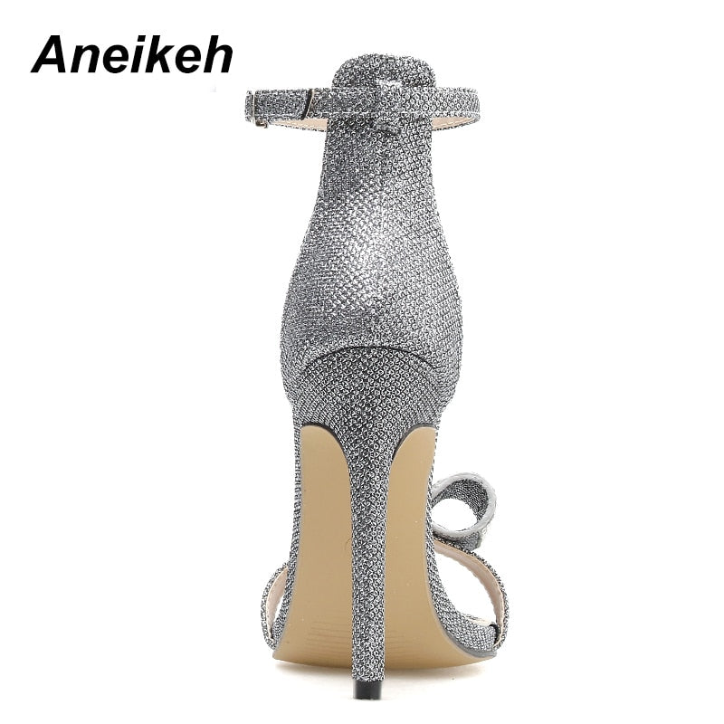 Aneikeh 2022 Summer Rhinestone Sandals Silvery Butterfly-knot Women Fashion High Heels Ankle Buckles Ladies Sandals Party Shoes