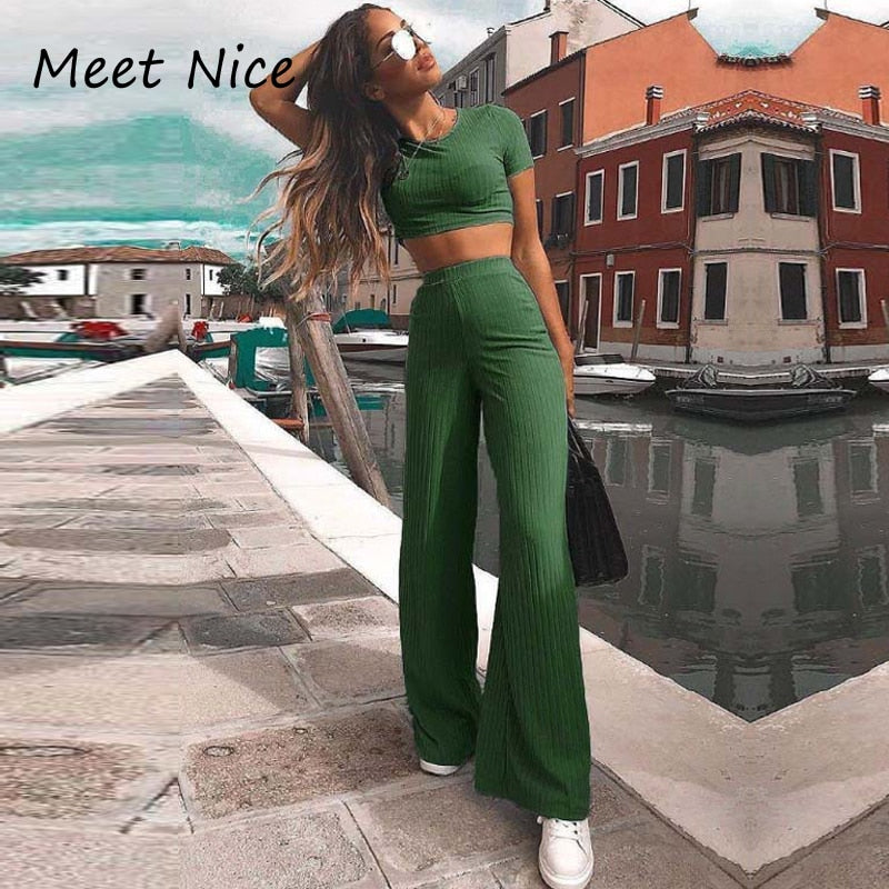 2 Two Piece Set Women Ribbed O Neck Crop Top and Long Pants Set Sexy Autumn Short Sleeve Tracksuit Women Conjunto Feminino 2022
