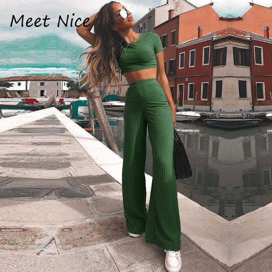 2 Two Piece Set Women Ribbed O Neck Crop Top and Long Pants Set Sexy Autumn Short Sleeve Tracksuit Women Conjunto Feminino 2022
