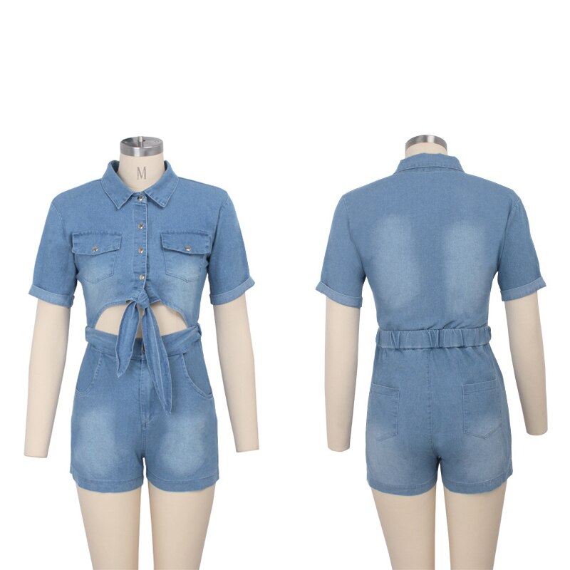 Sexy Denim Jumpsuit Jeans Women Short Sleeve Rompers Bow Tie Bandage Hollow Out Single Breasted Button Tight Playsuit Plus Size