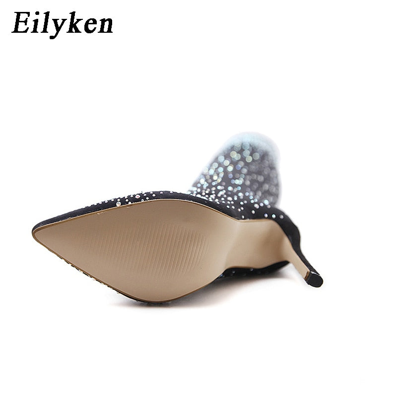 Eilyken 2022 Fashion Runway Crystal Stretch Fabric Sock Boots Pointy Toe Over-the-Knee Heel Thigh High Pointed Toe Woman Boot