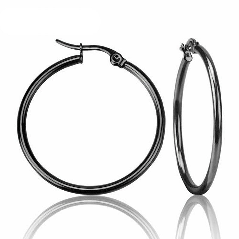 BOBOTUU Steel Gold Black Color Fashion Earrings Jewelry Stainless Steel Big Circle Round 20-60mm Hoop Earrings For Women BE18110