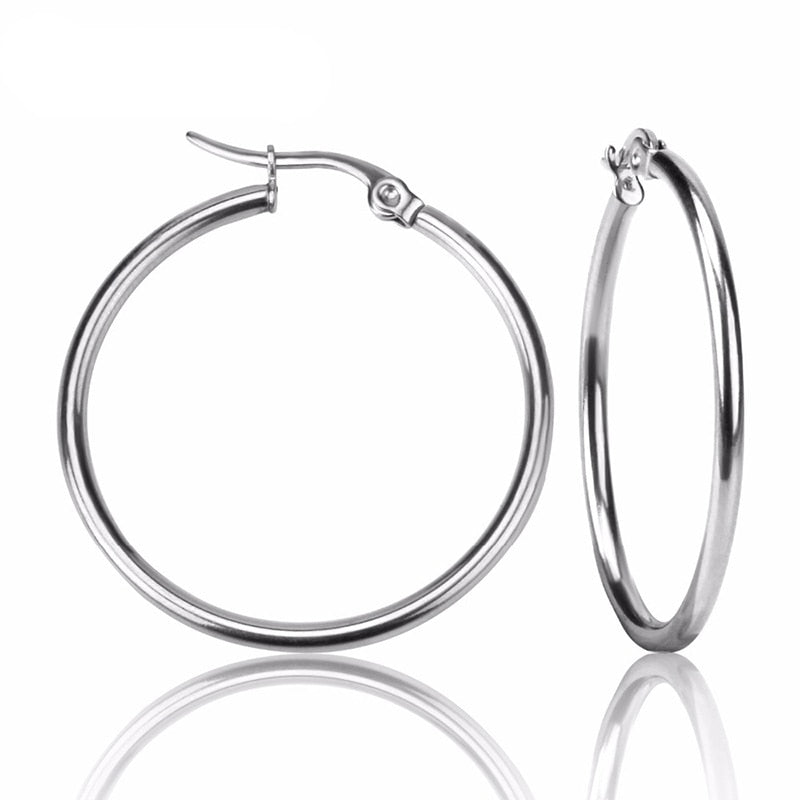 BOBOTUU Steel Gold Black Color Fashion Earrings Jewelry Stainless Steel Big Circle Round 20-60mm Hoop Earrings For Women BE18110