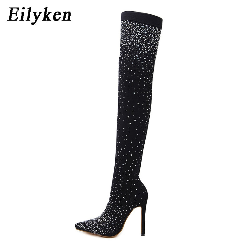Eilyken 2022 Fashion Runway Crystal Stretch Fabric Sock Boots Pointy Toe Over-the-Knee Heel Thigh High Pointed Toe Woman Boot