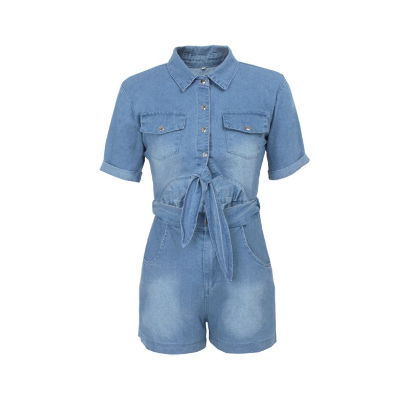 Sexy Denim Jumpsuit Jeans Women Short Sleeve Rompers Bow Tie Bandage Hollow Out Single Breasted Button Tight Playsuit Plus Size