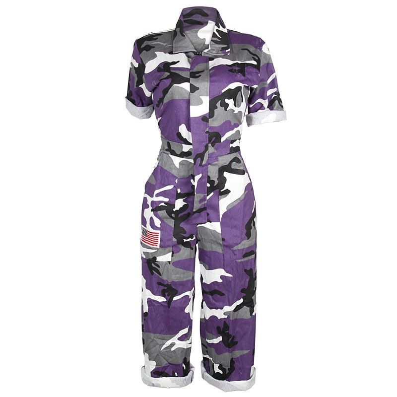 Women Camouflage Jumpsuit Army Military Cargo Shorts Female Playsuit Plus Size Print Rompers Zipper Streetwear Chic Turtleneck
