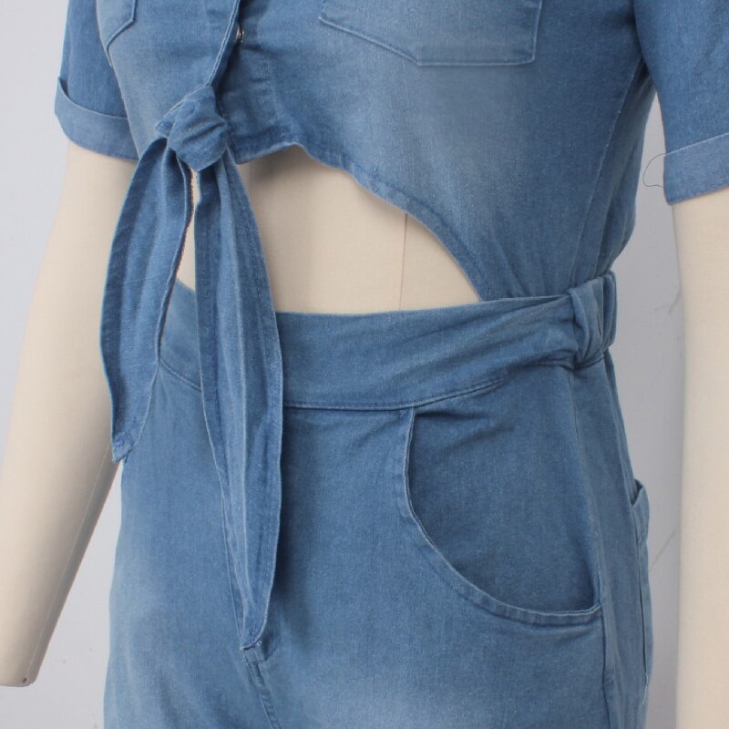 Sexy Denim Jumpsuit Jeans Women Short Sleeve Rompers Bow Tie Bandage Hollow Out Single Breasted Button Tight Playsuit Plus Size