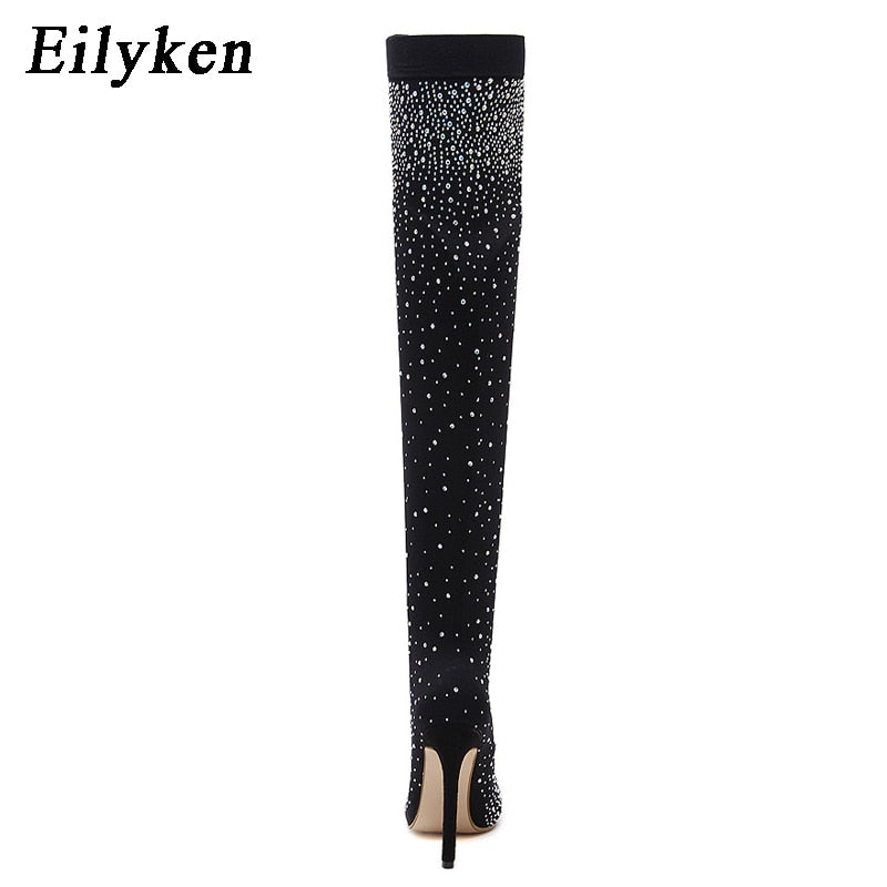 Eilyken 2022 Fashion Runway Crystal Stretch Fabric Sock Boots Pointy Toe Over-the-Knee Heel Thigh High Pointed Toe Woman Boot