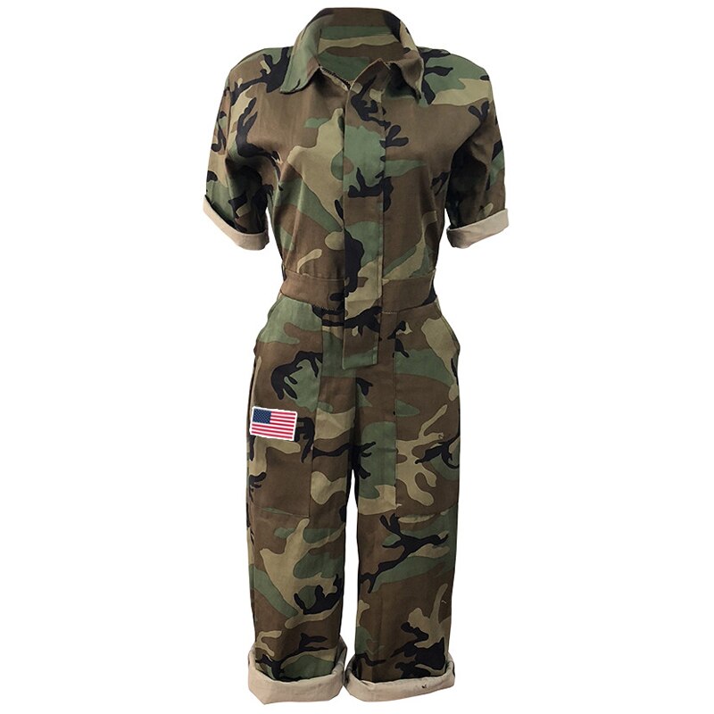 Women Camouflage Jumpsuit Army Military Cargo Shorts Female Playsuit Plus Size Print Rompers Zipper Streetwear Chic Turtleneck