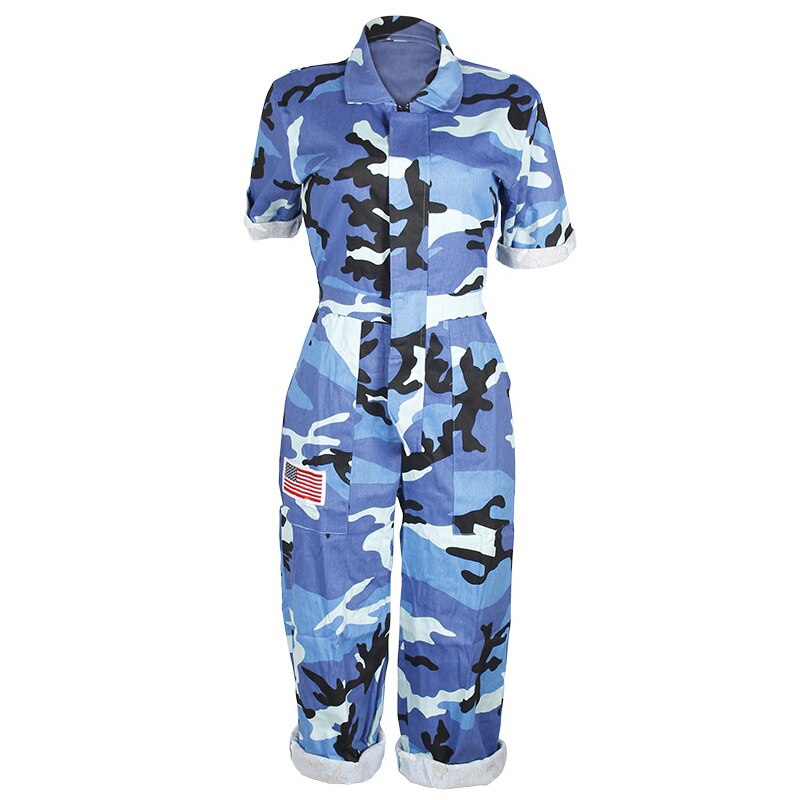 Women Camouflage Jumpsuit Army Military Cargo Shorts Female Playsuit Plus Size Print Rompers Zipper Streetwear Chic Turtleneck