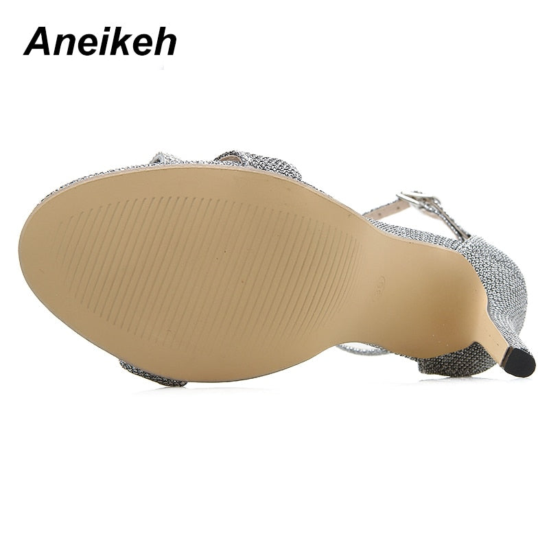 Aneikeh 2022 Summer Rhinestone Sandals Silvery Butterfly-knot Women Fashion High Heels Ankle Buckles Ladies Sandals Party Shoes