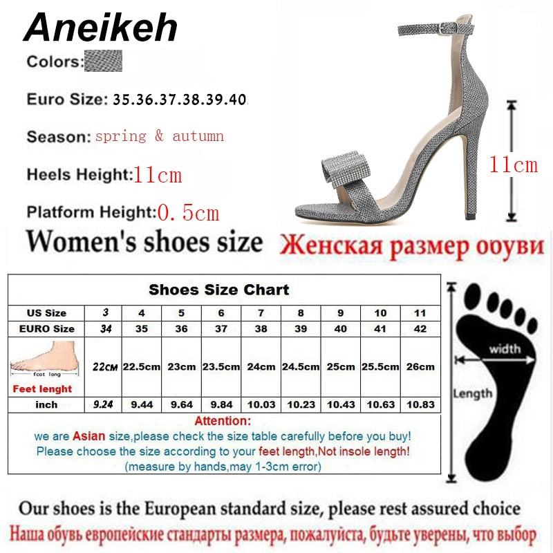 Aneikeh 2022 Summer Rhinestone Sandals Silvery Butterfly-knot Women Fashion High Heels Ankle Buckles Ladies Sandals Party Shoes