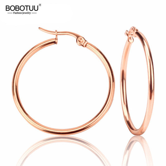 BOBOTUU Steel Gold Black Color Fashion Earrings Jewelry Stainless Steel Big Circle Round 20-60mm Hoop Earrings For Women BE18110