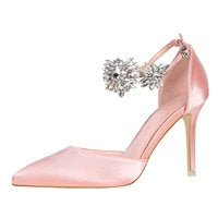 FONBERRY Pink Satin Rhinestone High Heels Bridal Wedding Shoes Women 2022 Pointed Toe Stiletto Crystal Ladies Party Pumps