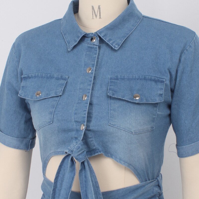 Sexy Denim Jumpsuit Jeans Women Short Sleeve Rompers Bow Tie Bandage Hollow Out Single Breasted Button Tight Playsuit Plus Size