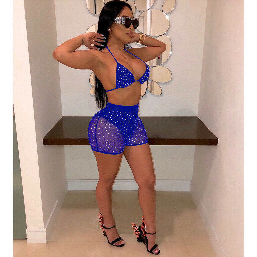 Women Shiny Glitters Sparkles Bikini Set Summer Crystal Push-up High Waist Bikini Set Bathing Suit Swimsuit Two Piece Swimwear
