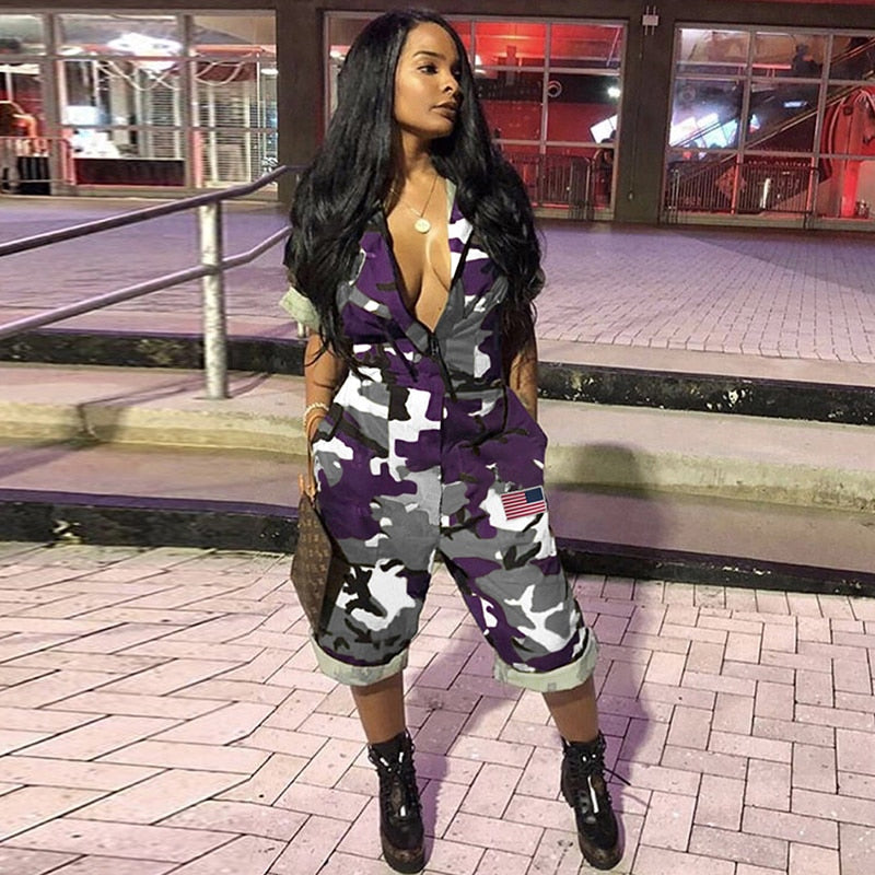 Women Camouflage Jumpsuit Army Military Cargo Shorts Female Playsuit Plus Size Print Rompers Zipper Streetwear Chic Turtleneck
