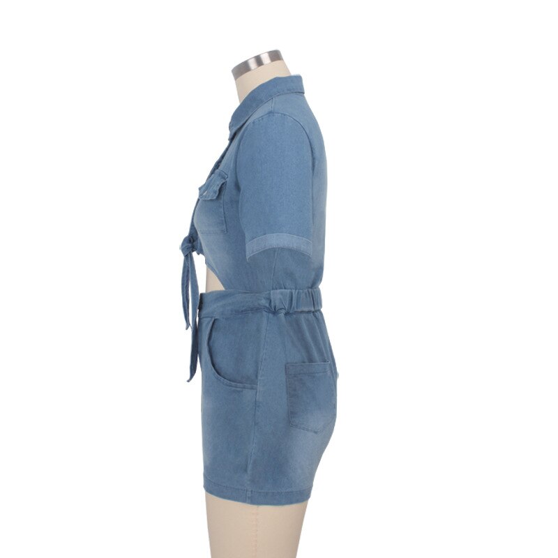 Sexy Denim Jumpsuit Jeans Women Short Sleeve Rompers Bow Tie Bandage Hollow Out Single Breasted Button Tight Playsuit Plus Size