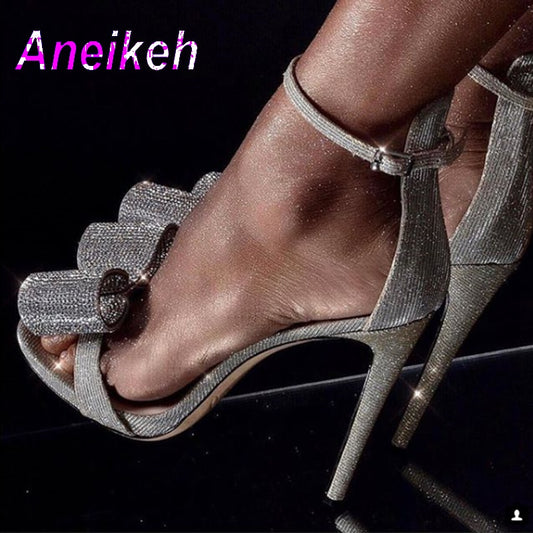 Aneikeh 2022 Summer Rhinestone Sandals Silvery Butterfly-knot Women Fashion High Heels Ankle Buckles Ladies Sandals Party Shoes