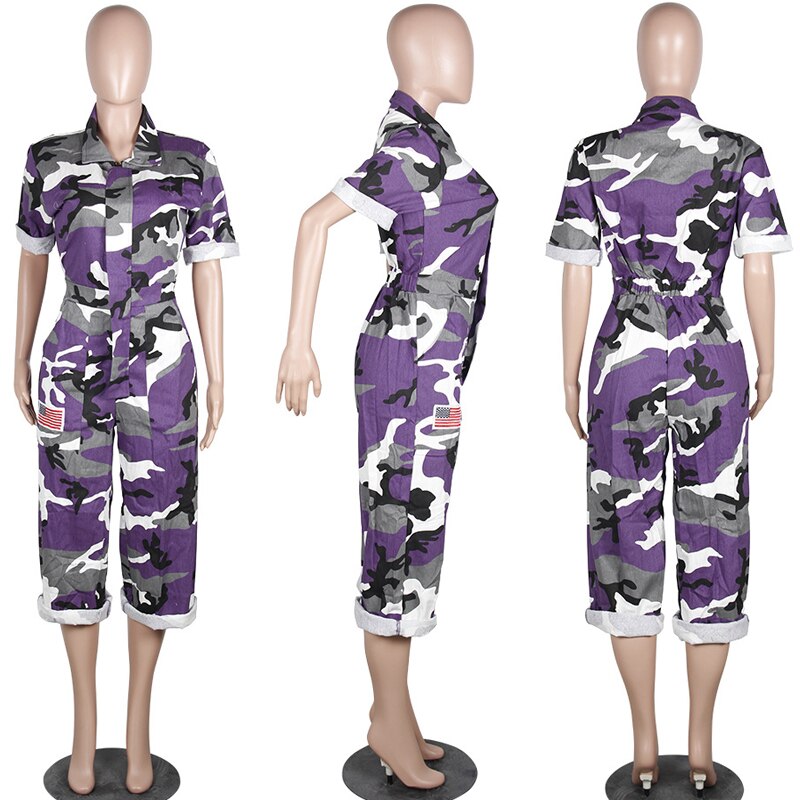 Women Camouflage Jumpsuit Army Military Cargo Shorts Female Playsuit Plus Size Print Rompers Zipper Streetwear Chic Turtleneck