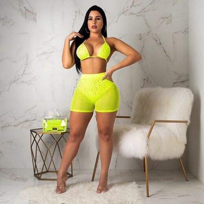 Women Shiny Glitters Sparkles Bikini Set Summer Crystal Push-up High Waist Bikini Set Bathing Suit Swimsuit Two Piece Swimwear