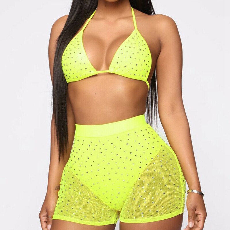 Women Shiny Glitters Sparkles Bikini Set Summer Crystal Push-up High Waist Bikini Set Bathing Suit Swimsuit Two Piece Swimwear